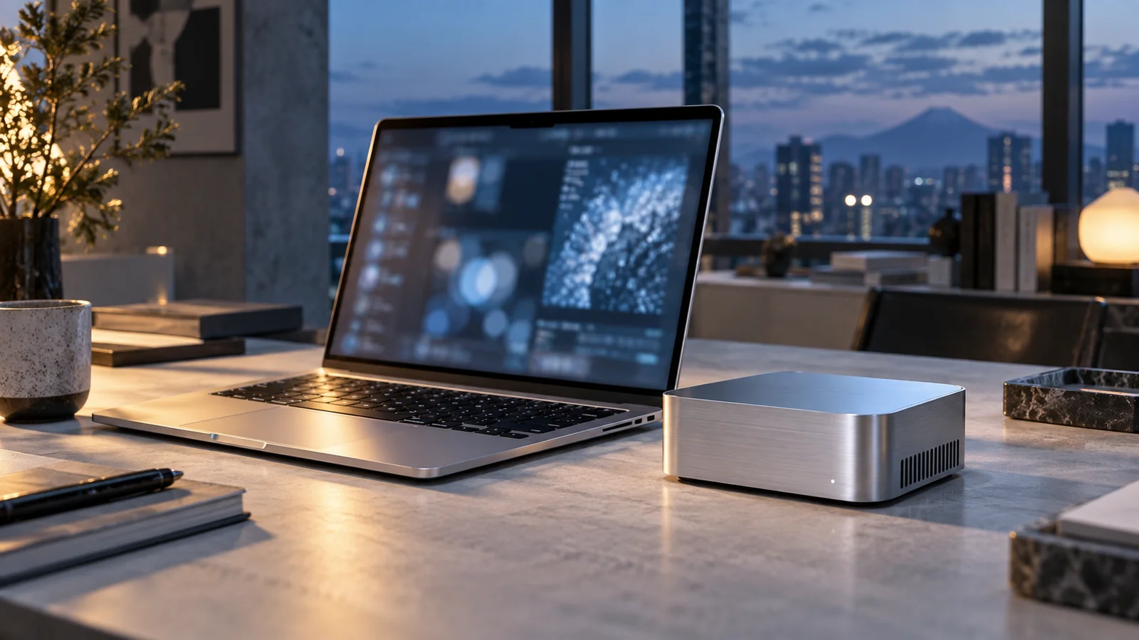 机上のノートPCと小型計算機。手元で動く軽量AIのイメージ