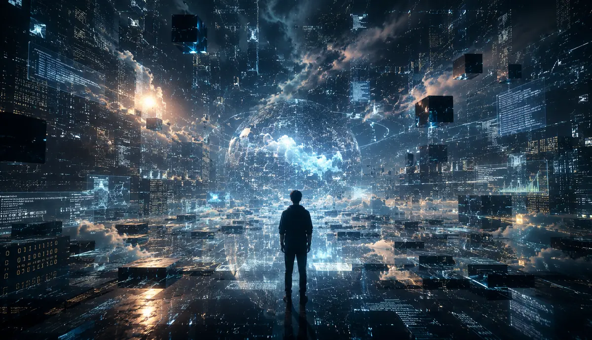 無数のデータパネルと光の球体に囲まれた空間に人が立ち、膨大な情報がAIによって捉えられている様子を表したイメージ