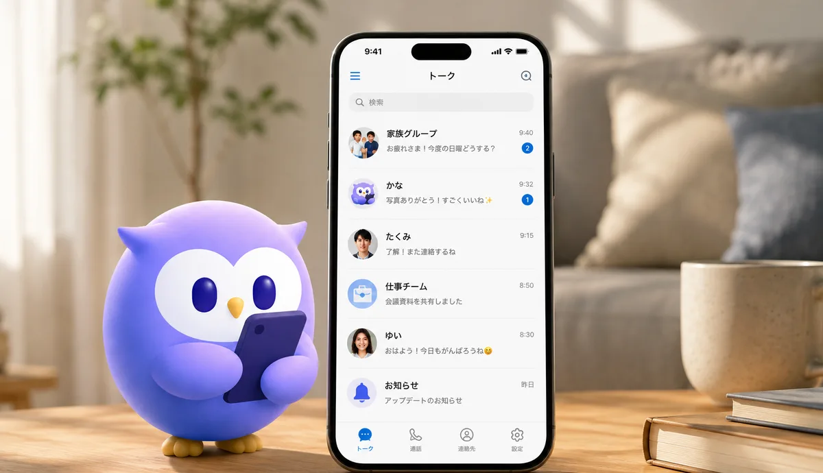 リビングのテーブルに置かれたスマートフォンにメッセージアプリのトーク一覧が表示され、その隣にフクロウのマスコットが並んでいる様子